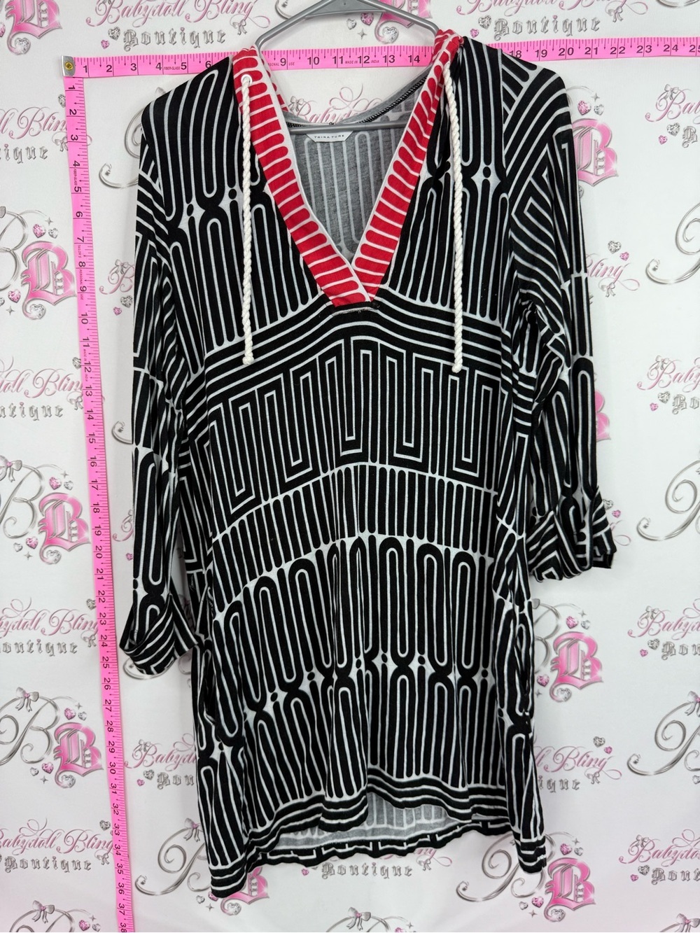 Trina Turk coverup or top Black & White Geometric V-Neck Tunic with Red Trim